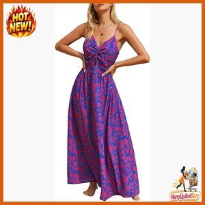 Boho Maxi Dress Floral Print V Neck Sleeveless Summer Casual Elegant